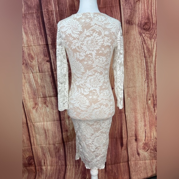 Kimcine off white nude lined 3/4 sleeve V-neck fitted stretch dress women’s S - Picture 9 of 17